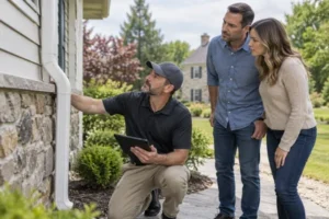 A home inspector examines the exterior of a Pennsylvania home while prospective buyers observe.