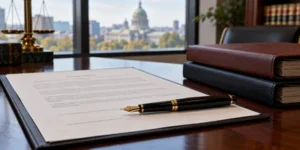 A lawyer’s case file and unsigned settlement papers on a desk.