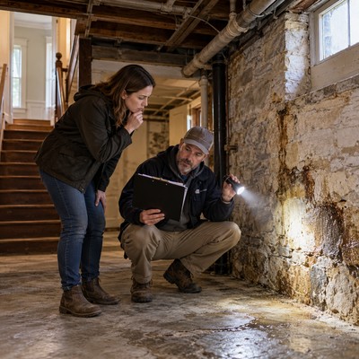 A Pennsylvania home buyer reviews an inspection report inside a residential property.