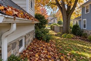A Pennsylvania homeowner surveys autumn leaves blown from a neighbor’s tree onto a yard.